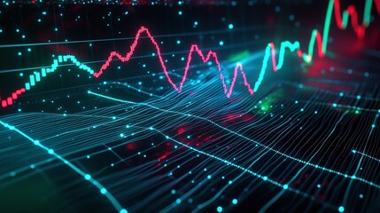 Poster - abstract digital graph with vibrant lines and dots, representing data trends and analysis.