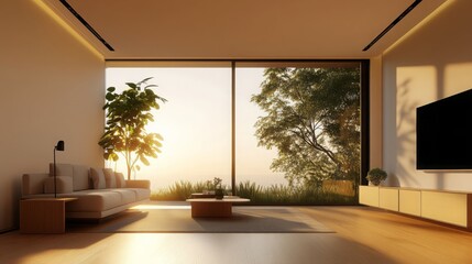 Modern Living Room with Large Window and Sunset View