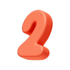 Poster - Voluminous Number 2. Two Number sign red soft color. Realistic 3d design in cartoon style. Isolated on white background. vector illustration