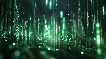 Poster - abstract digital green data streams flowing in matrix style.