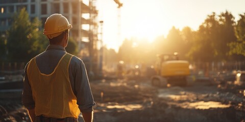 Worker inspecting foundation, construction site backdrop, bright sunlight enhancing scene, focus on diligence and craftsmanship