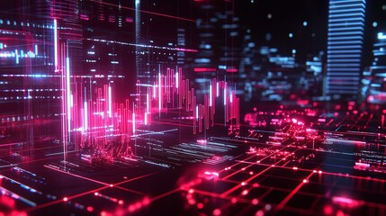 Poster - abstract digital landscape featuring vibrant neon pink and blue colors illustrating futuristic data 