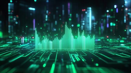Poster - abstract digital landscape featuring green data visualization against a futuristic cityscape backdro