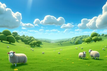 Wall Mural - Field sheep landscape grassland.