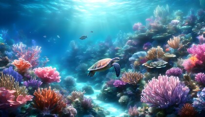 Graceful Sea Turtle Gliding Among Vibrant Coral Reef