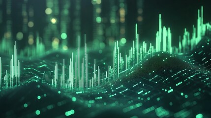 Poster - abstract digital landscape with glowing green lines representing data waves and information flow.