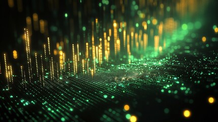 Aufkleber - abstract digital landscape with glowing lights and data patterns in green and yellow tones.