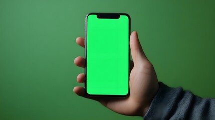 A hand holding a smartphone with a green screen on a green background.