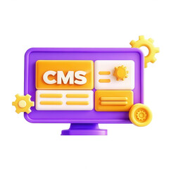 Poster - A vibrant and modern 3D model of a computer monitor displaying a CMS interface with buttons and gears in bright colors.