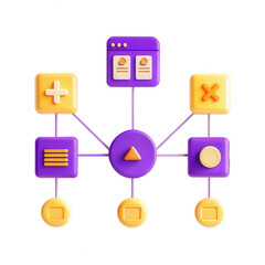 Poster - A vibrant 3D representation of various icons interconnected, including add, delete, and menu symbols in purple and yellow hues.