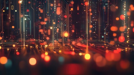 Poster - High tech circuit board featuring digital nodes and a bokeh effect ideal for representing advanced technology or electronic data