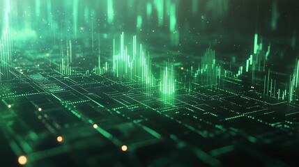 Poster - abstract digital landscape with green data visualization on a dark background, ideal for tech-relate