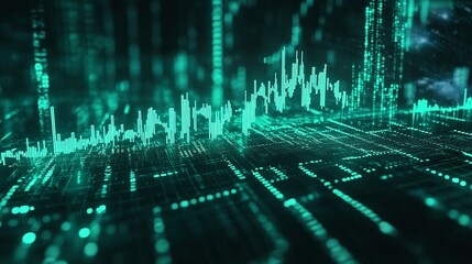 Poster - abstract digital landscape with green data flow and metrics visualizations on a dark background.