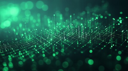 Poster - abstract digital landscape with green glowing dots and lines, representing data visualization and te