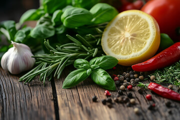 Fresh Herbs Displayed on a Wooden Table with Garlic, Lemon, and Chili