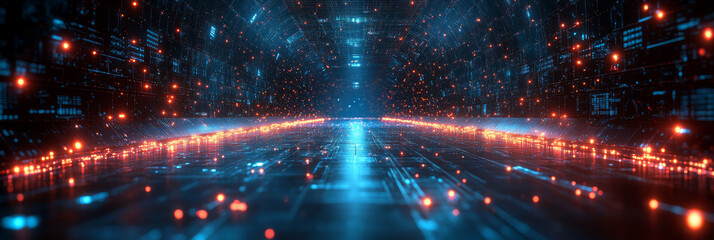 Wall Mural - Abstract digital corridor with glowing lines and particles.