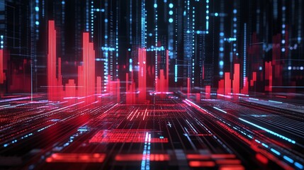Poster - abstract digital landscape with vibrant red and blue lines representing data flow.