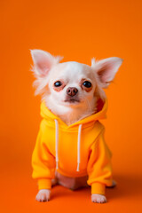 white chihuahua wearing yellow hoodie on plain orange background