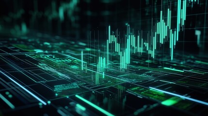 Poster - abstract digital representation of financial data with green graphical elements and data visualizati