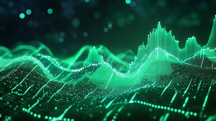Poster - abstract digital sound wave with green glowing lines on a dark background, representing audio visual