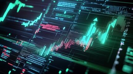 Poster - abstract digital stock market analysis background with green and red graphs representing financial d