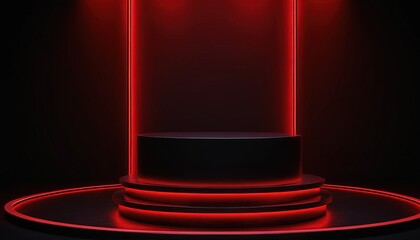 Wall Mural - Black podium with red trim on a dark background with neon light 9