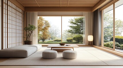 A serene interior of a Japanese-style room featuring natural light, minimalistic decor, and peaceful greenery outside.