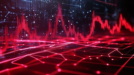 Poster - abstract digital visualization of data flow with red lines and geometric patterns on a dark backgrou