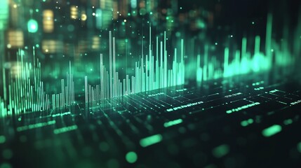 Poster - abstract digital visualization of data streams and signals in green hues on a dark background.