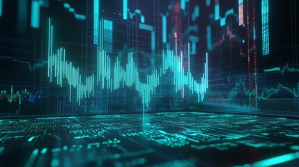 Poster - abstract digital visualization of data, featuring glowing waves and patterns on a futuristic grid.