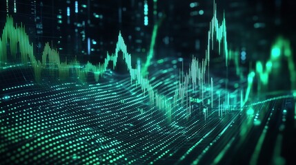 Poster - abstract digital visualization of green data waves and graphs in a futuristic style.