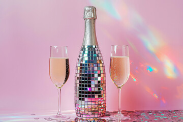 disco ball champagne bottle and two champagne glasses, copy space. party atmosphere, celebration con