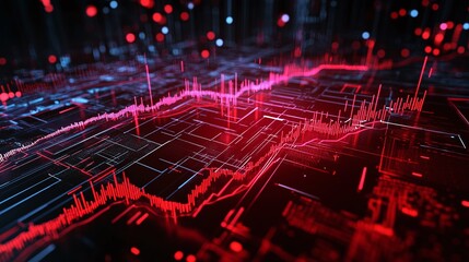 Poster - abstract digital visualization with red and blue lines on a dark background depicting data patterns 