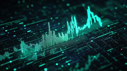 Abstract digital wave graph with glowing elements in green and black, representing data visualization and analytics.