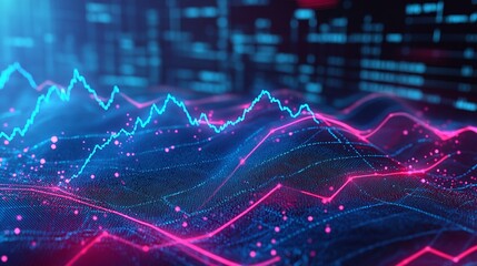 Poster - abstract digital wave patterns in vibrant pink and blue colors representing data visualization.