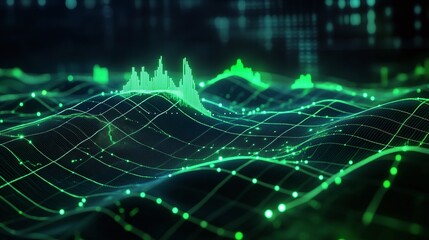 Poster - abstract digital wave patterns with green light and data visualization elements on a dark background