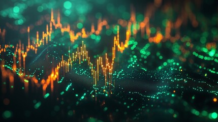 Poster - abstract digital wave with glowing lines and particles in green and orange tones, creating a vibrant