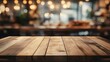 © AbstractAI - Empty wooden tabletop with a blurred bakery or cafe ambiance featuring an abstract bokeh background