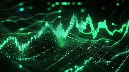 Poster - abstract digital waveform in vivid green tones, symbolizing data flow and analysis against a dark ba