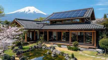 A traditional Japanese house with a pond and garden in front, with Mount Fuji in the background, and solar panels on the roof.