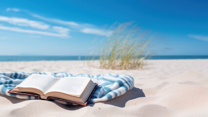 Poster - Book on the picnic blanket in beach white sand.