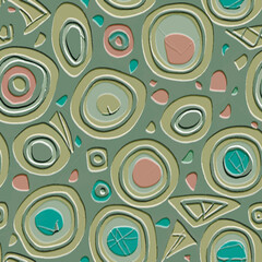 Wall Mural - Emboss textured 3d seamless pattern with relief doodle circles, abstract shapes, lines. Embossed green vector background. Endless texture. Surface repeat doodles ornaments with embossing effect.