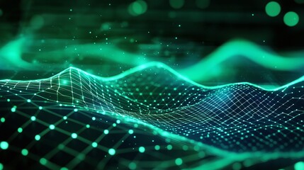 Poster - abstract digital waves with glowing blue and green lines on dark background.
