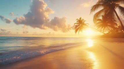 Wall Mural - Stunning Tropical Sunset on a Serene Beach with Palm Trees