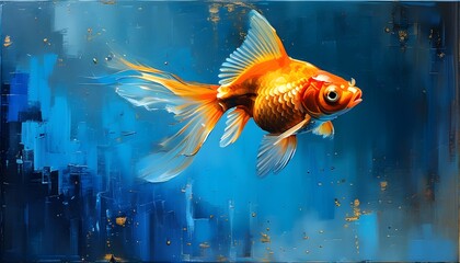 Abstract blue digital business technology painting featuring a lake with goldfish on a textured canvas