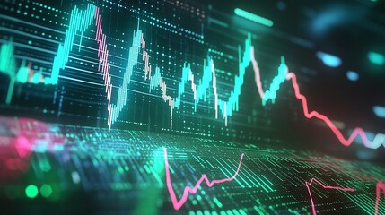 Poster - abstract financial data visualization with colorful graphs and charts on a digital background.