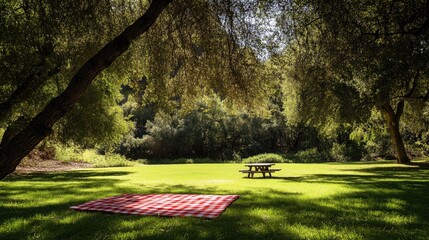 Bright day in a serene park featuring a red checkered blanket laid out on a picnic table nestled beneath the trees