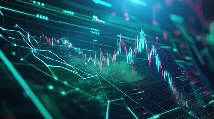 Poster - abstract financial data visualization with dynamic graphs and charts on a digital interface.