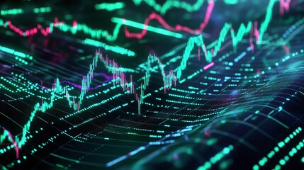Poster - abstract financial data visualization with glowing charts and graphs in green and pink tones on dark