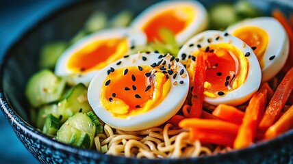 A vibrant bowl of ramen topped with halved soft-boiled eggs, fresh cucumbers, and colorful carrots, garnished with sesame seeds.